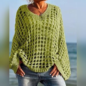 Green Open-Knit Women's Sweater Crochet Long Sleeve Knit Cover Up Sz S M L XL